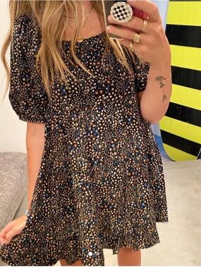 wild fable Black Floral Puff-Sleeve Mini Dress with Blue Accents / BNWOT